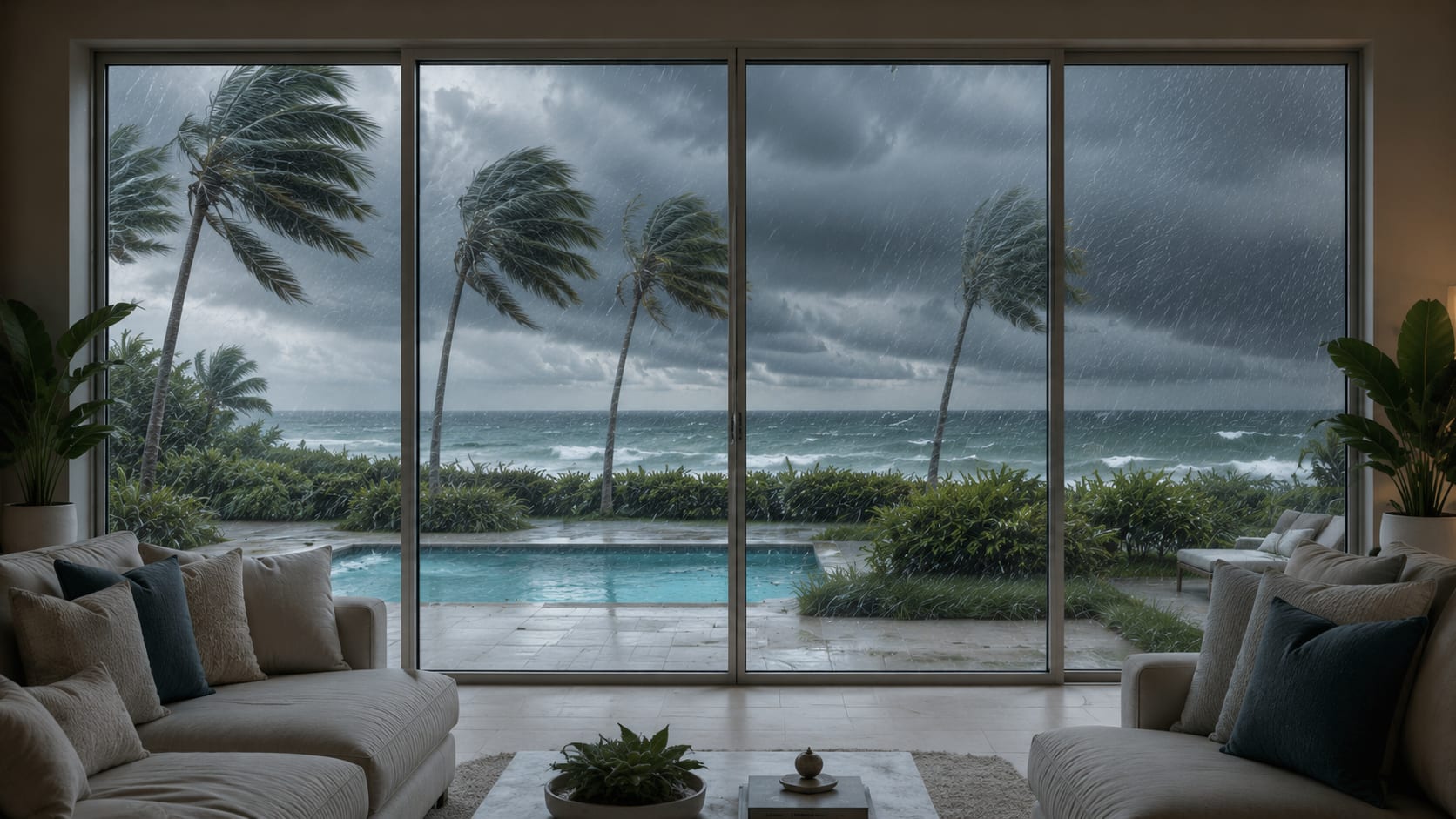 South Florida coastal living room with floor-to-ceiling sliding-glass doors facing an approaching storm over the ocean