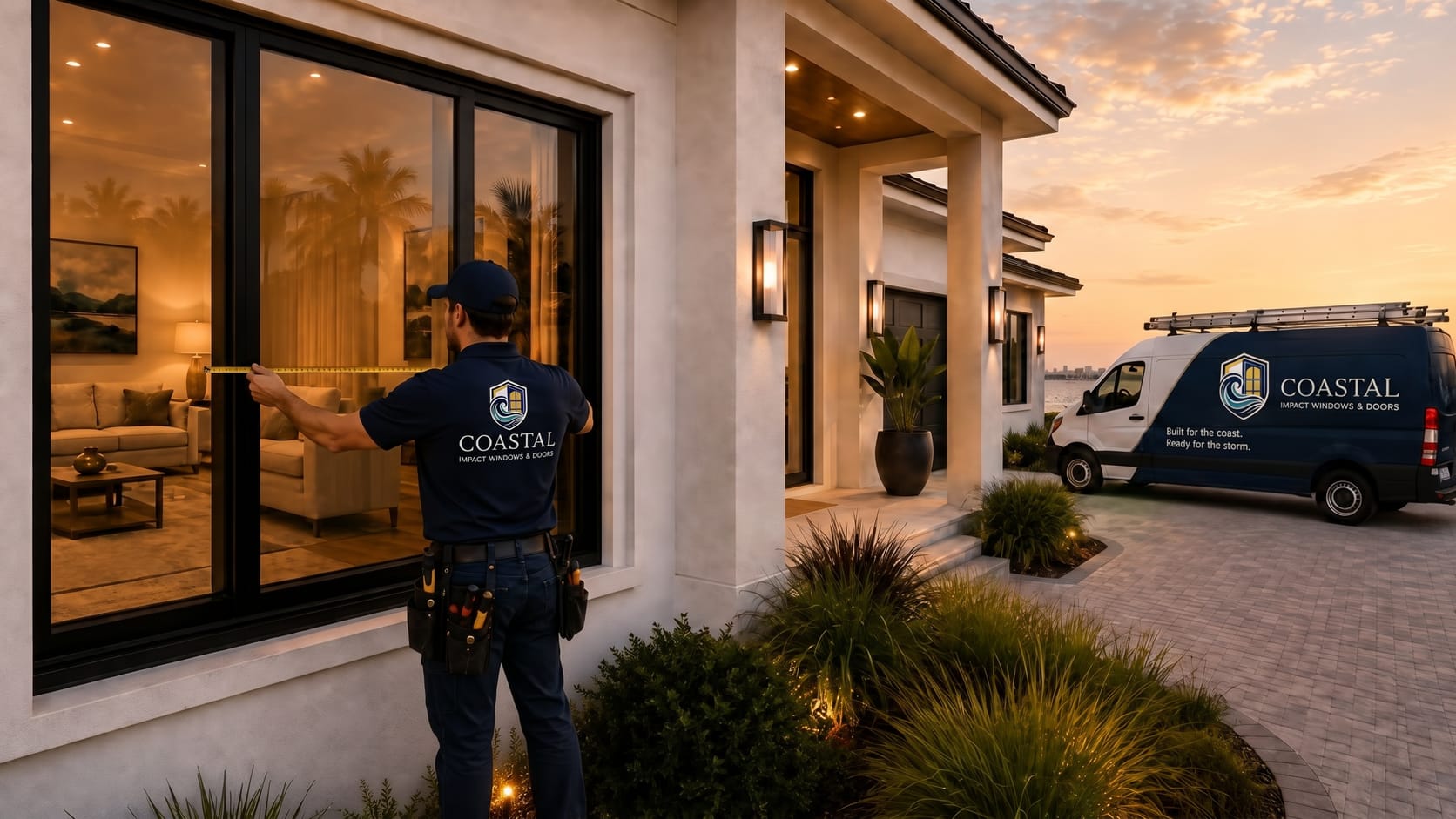 A Coastal Impact technician measuring a window opening, with precise dimension lines marked on the glass.