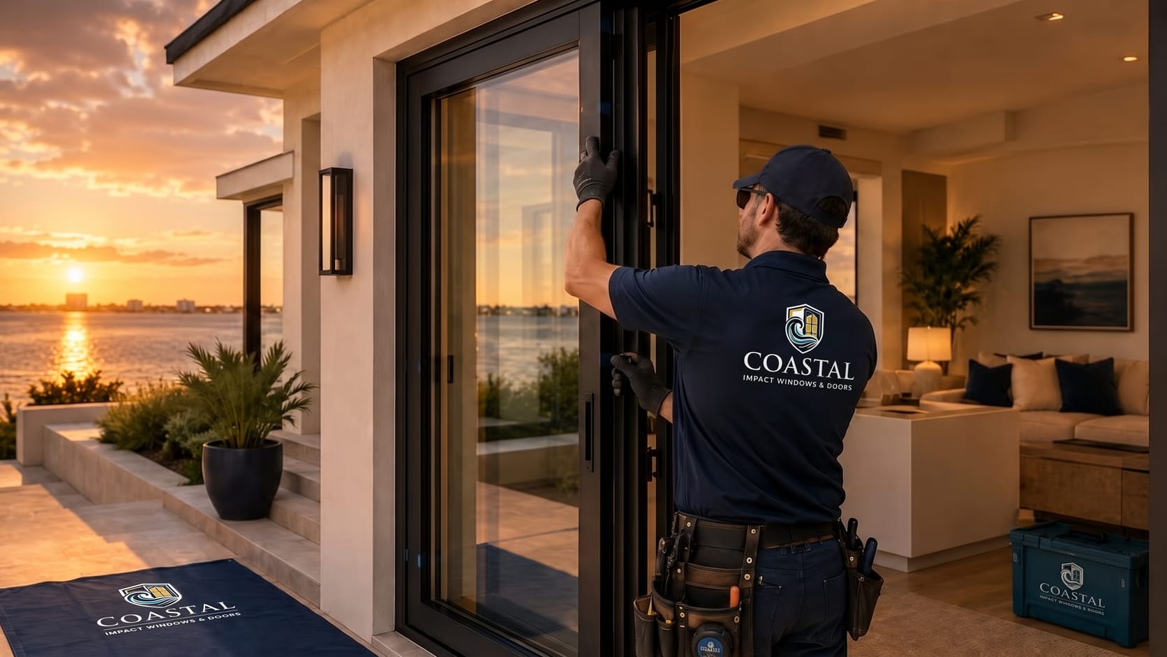 A Coastal Impact crew installing a large impact sliding door cleanly and carefully.