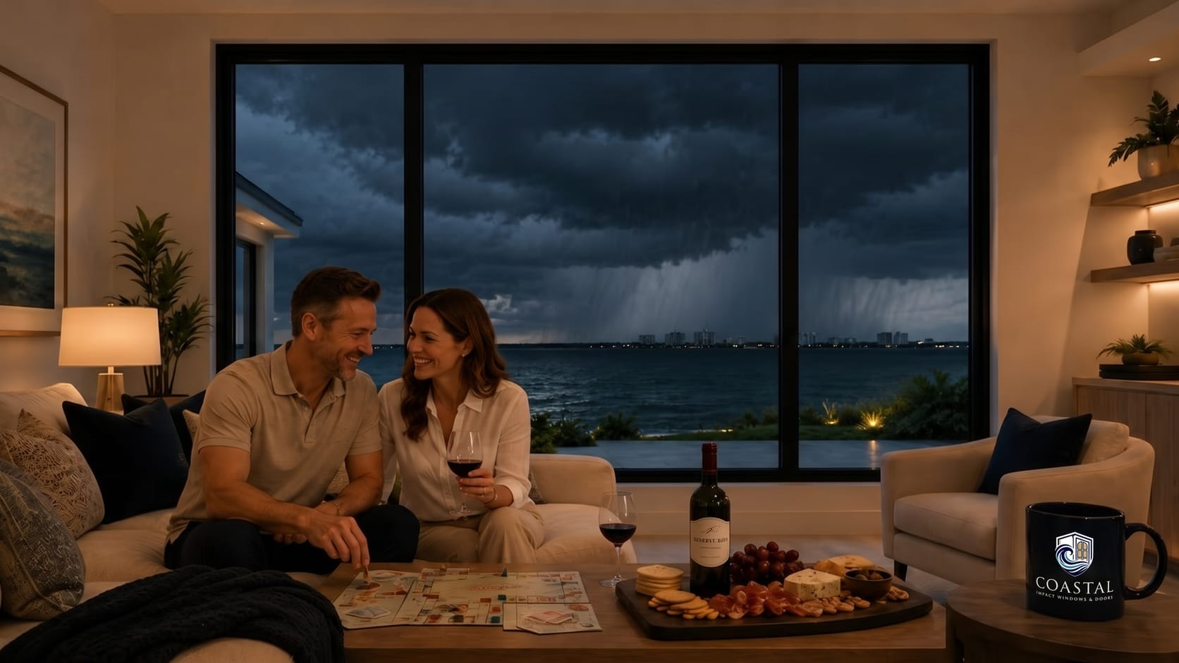 A bright, calm interior at dusk, safe behind impact glass as weather passes outside.