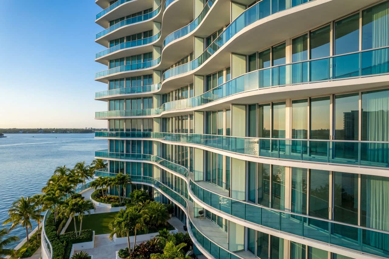 A contemporary residential tower of the kind that lines Aventura, with stacked balconies and impact-rated glass balcony doors overlooking the Intracoastal