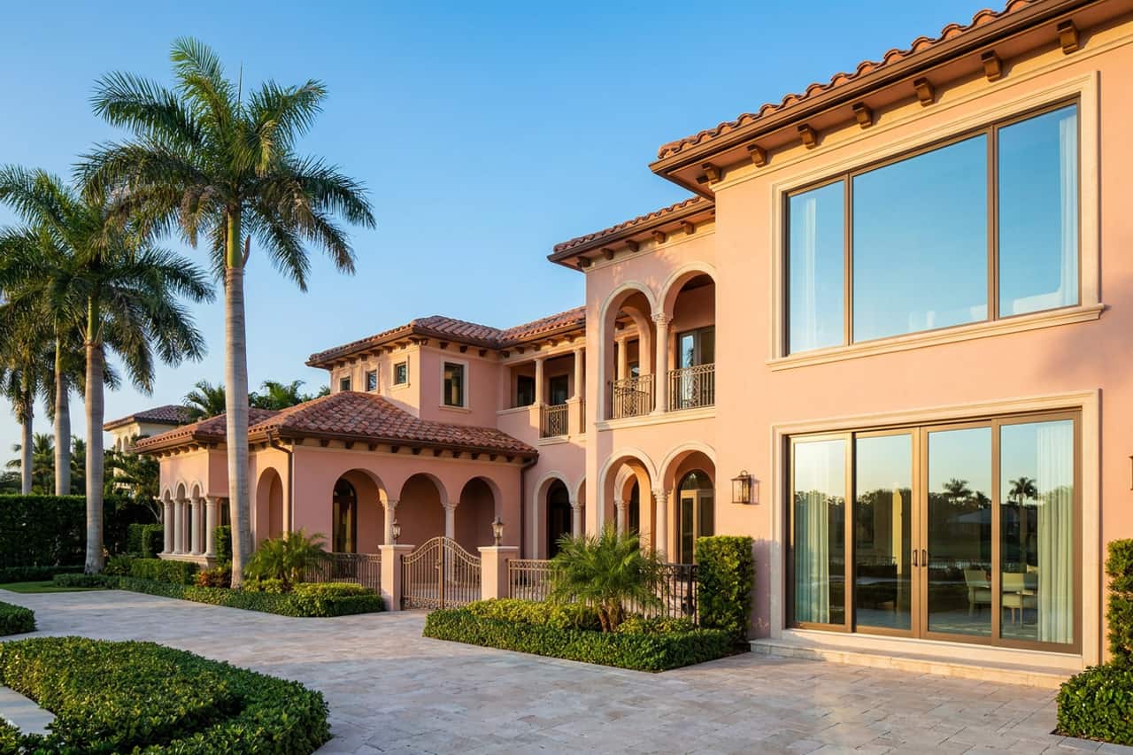 Mediterranean-revival architecture of the kind Boca Raton is known for (blush stucco, barrel-tile roof and arched arcades), with large impact-rated windows and sliding glass doors