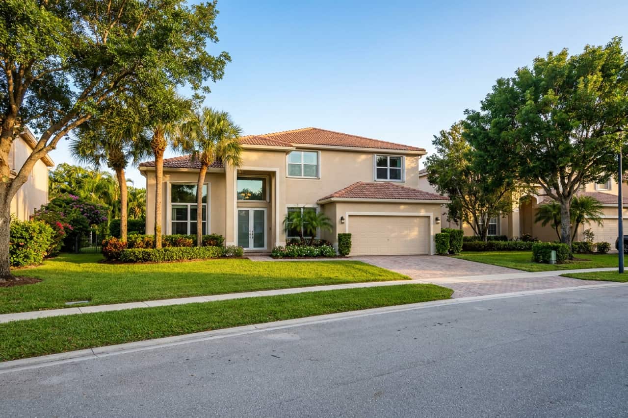 A two-storey barrel-tile family home of the kind built across Coral Springs, set back from a quiet street, with impact-rated windows and a glass entry door