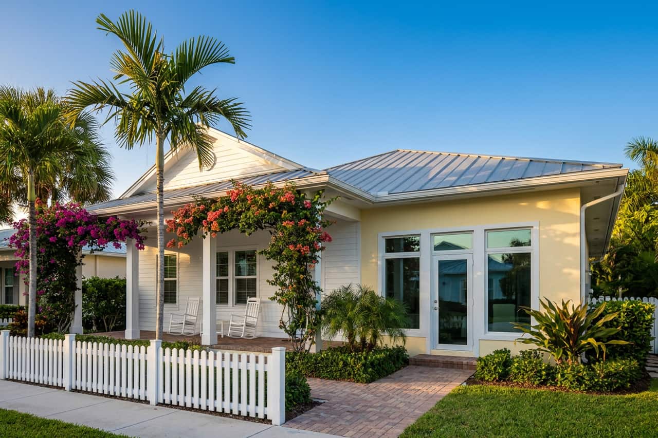 A coastal cottage in the relaxed beach-town style common in Delray Beach, with impact-rated windows and a glass door under a metal roof