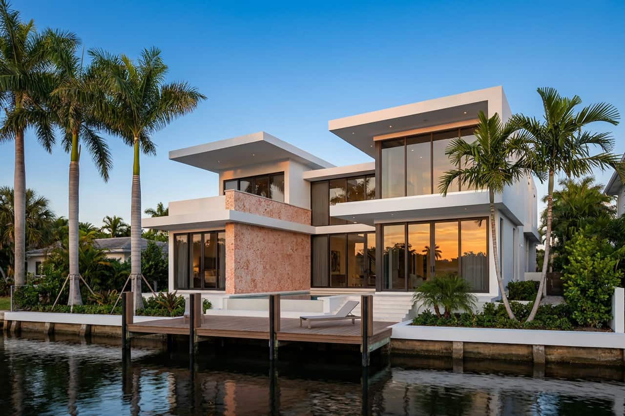 A contemporary canal-front home of the kind built in Fort Lauderdale, with floor-to-ceiling impact-rated glass doors facing the water