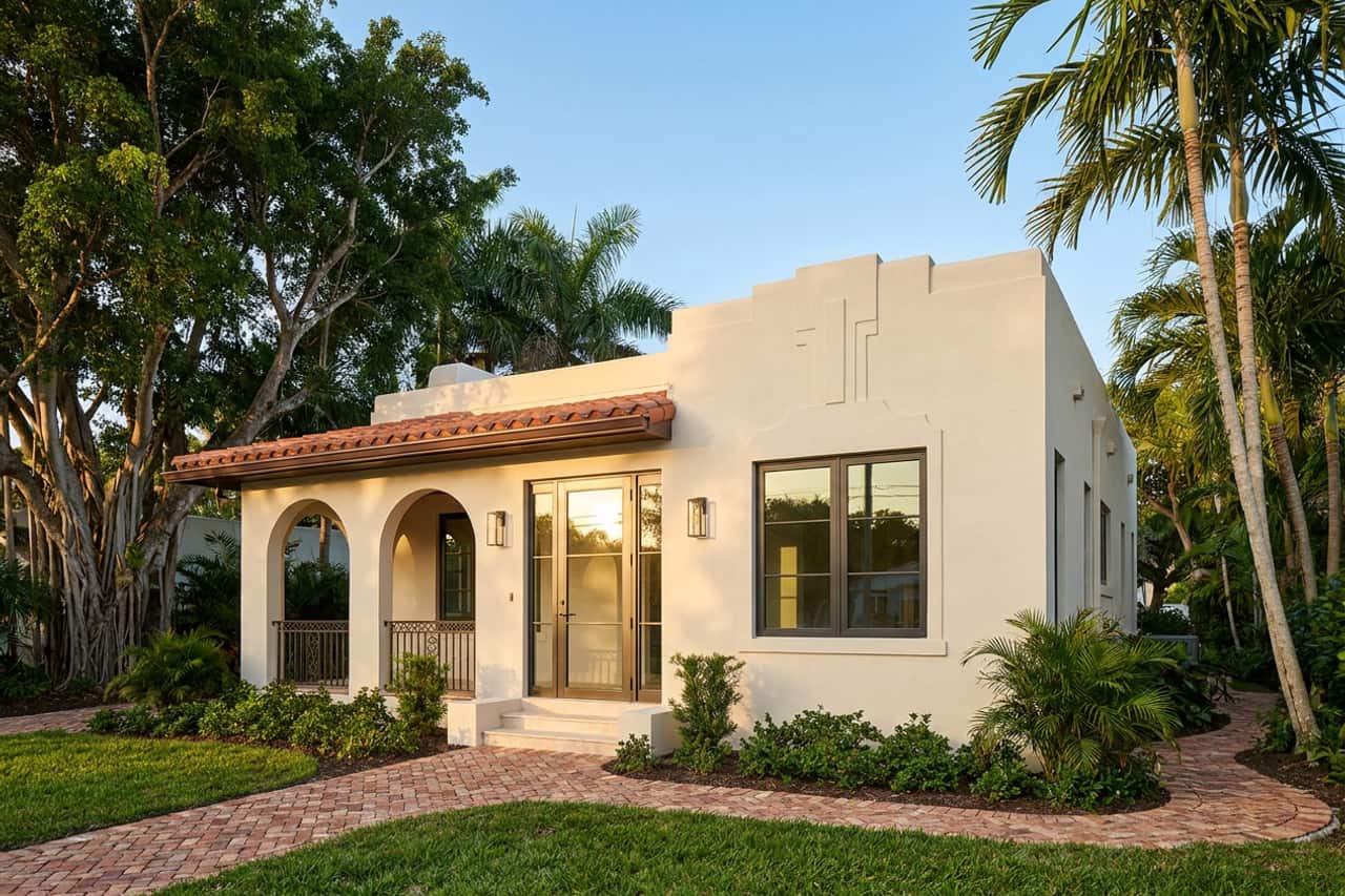 A 1920s stucco bungalow with Art Deco detailing, of the kind found in the Hollywood Lakes area, with impact-rated windows and a glass front door