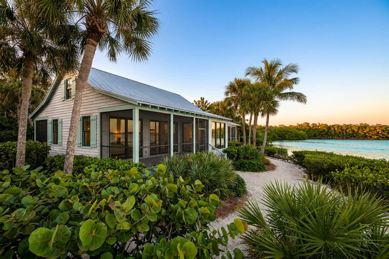 A laid-back Old Florida lagoon-side house of the kind common around Jensen Beach, with impact-rated windows and glass doors
