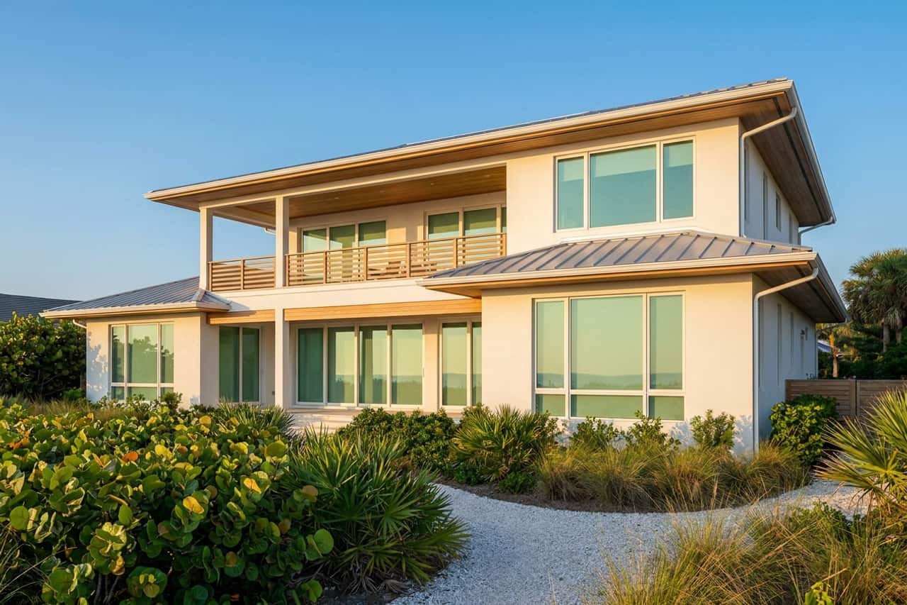 A two-story coastal contemporary home of the kind found in Juno Beach, white stucco with a teak-railed balcony, large impact-rated windows with lightly tinted glass, and sea grape and dune grasses along a shell path