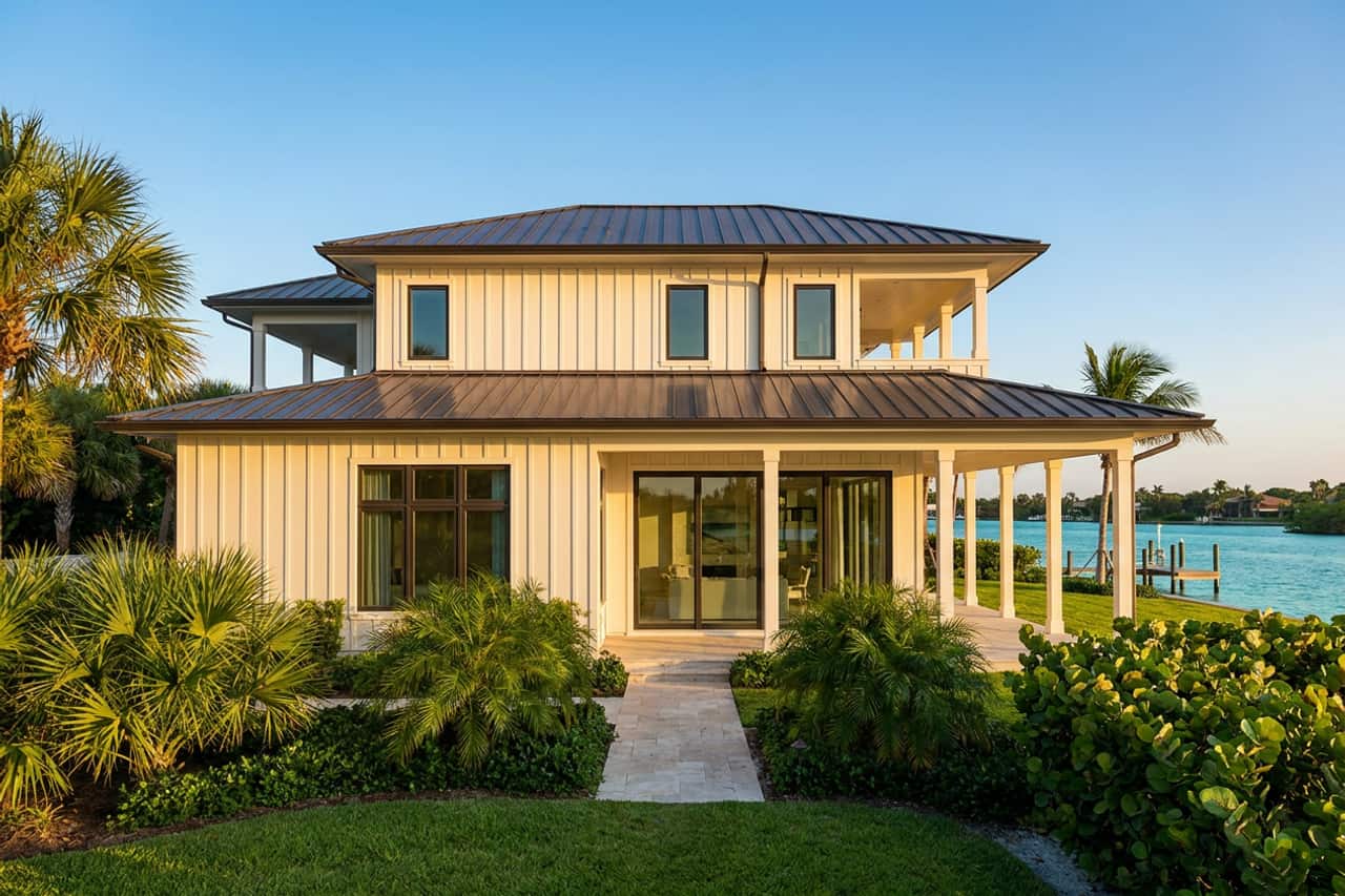 A British West Indies–style coastal home of the kind common in Jupiter, with a metal roof, deep verandah and a wide wall of impact-rated sliding glass doors