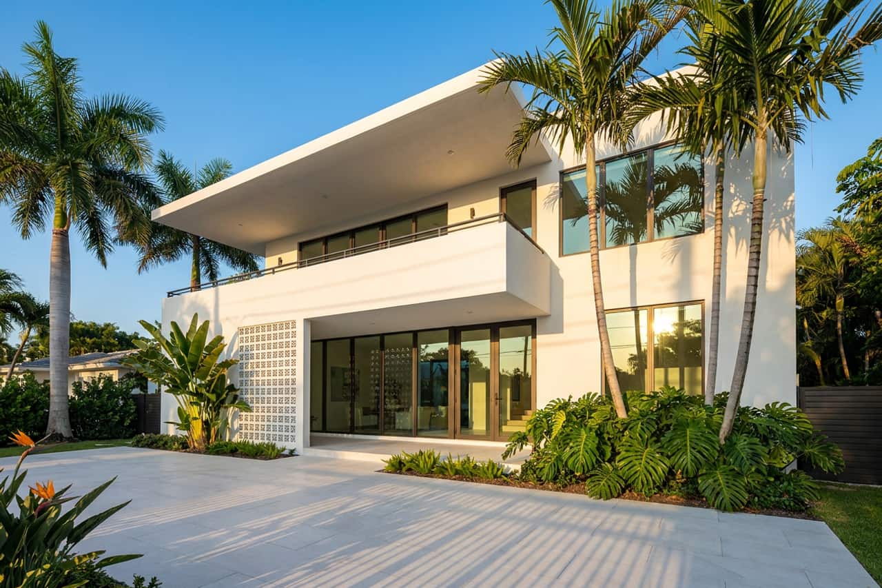 A bright tropical-modern residence of the kind built in Miami, with crisp white volumes and floor-to-ceiling impact-rated glass doors