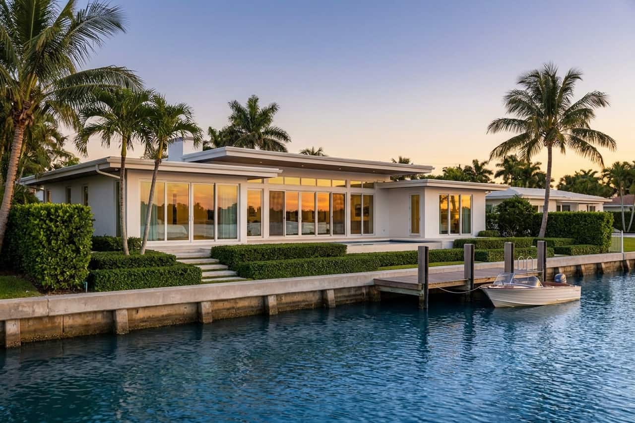 A mid-century ranch given a modern coastal renovation, of the kind common in North Palm Beach, with impact-rated sliding glass doors facing a canal and dock