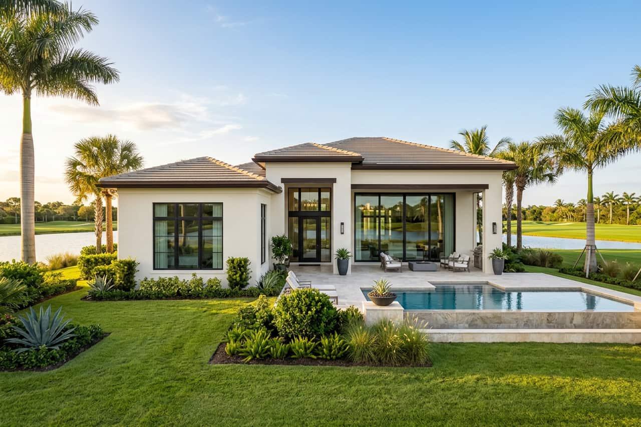 A refined contemporary Mediterranean home of the kind built in Palm Beach Gardens golf communities, with a broad wall of impact-rated sliding glass doors facing a lake