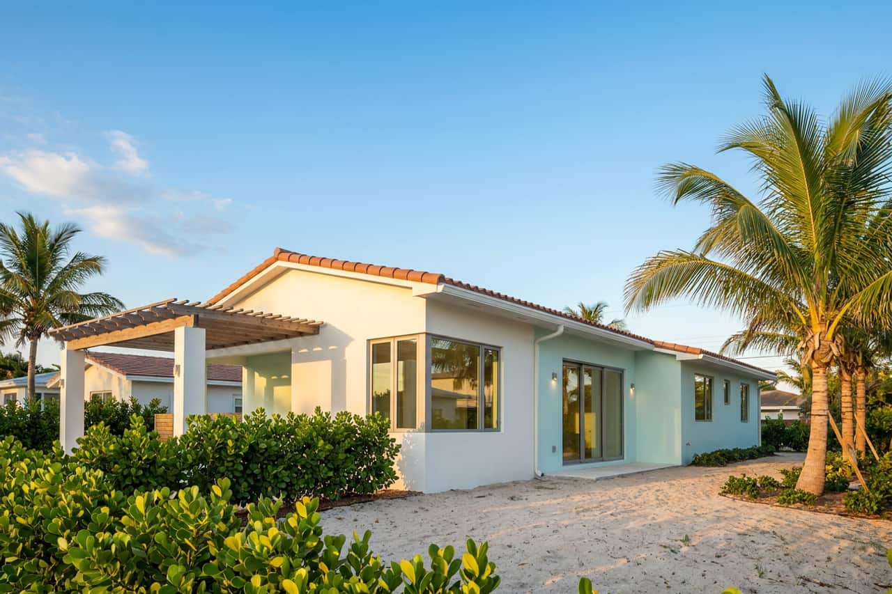 A single-storey concrete-block beachside house of the kind common in Pompano Beach, with impact-rated windows and a glass door