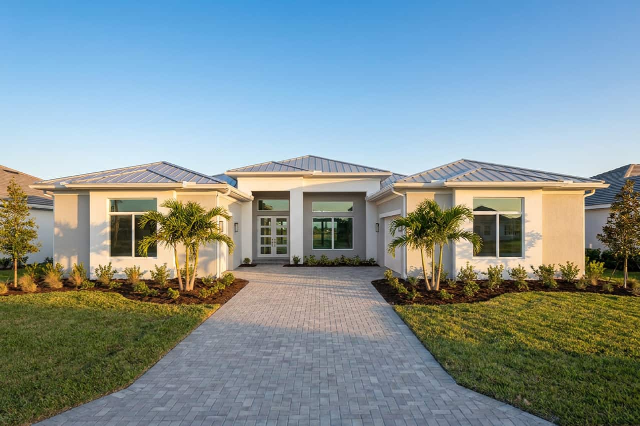 A newer master-planned suburban home of the kind built across Port St. Lucie, with impact-rated windows and a glass entry door