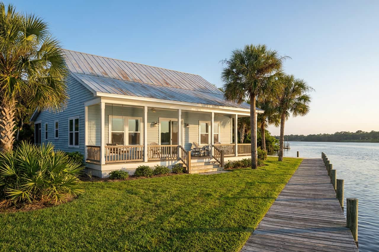 A modest Old Florida riverside cottage of the kind found in Sebastian, with a metal roof, deep front porch and impact-rated windows, cabbage palms, and a wooden dock on calm river water