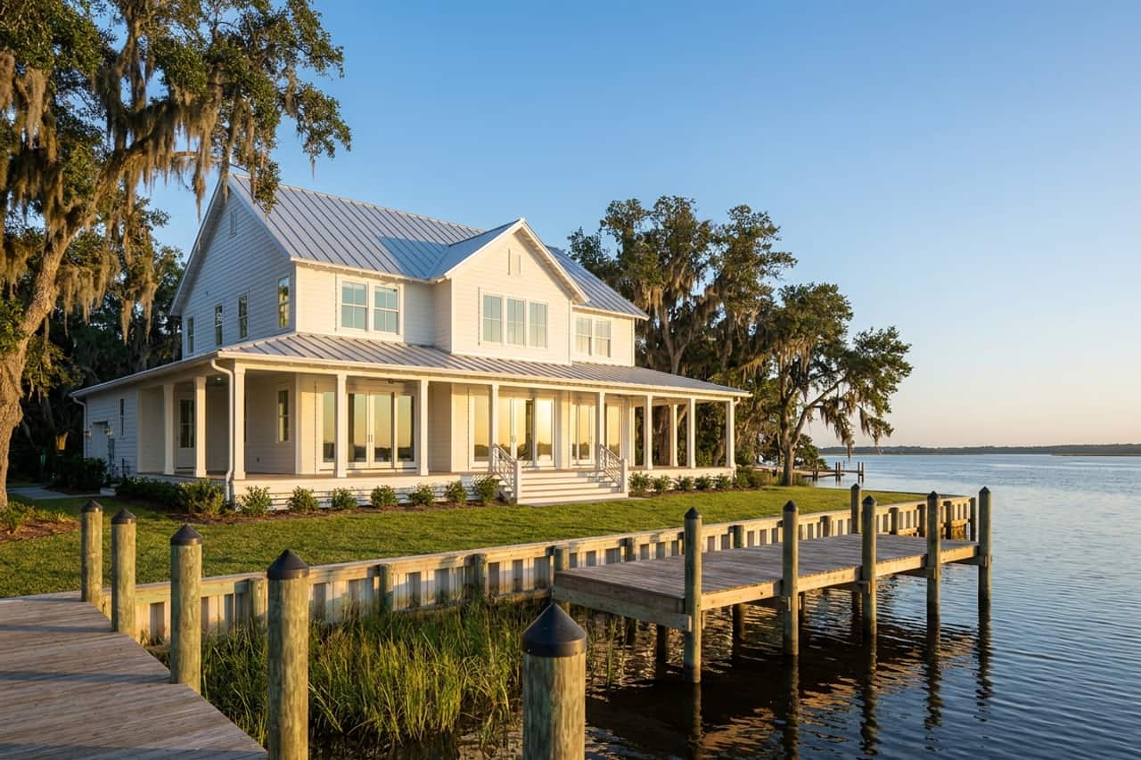 An Old Florida riverfront home with a metal roof and wraparound porch, of the kind found around Stuart, with impact-rated windows and glass doors under live oaks