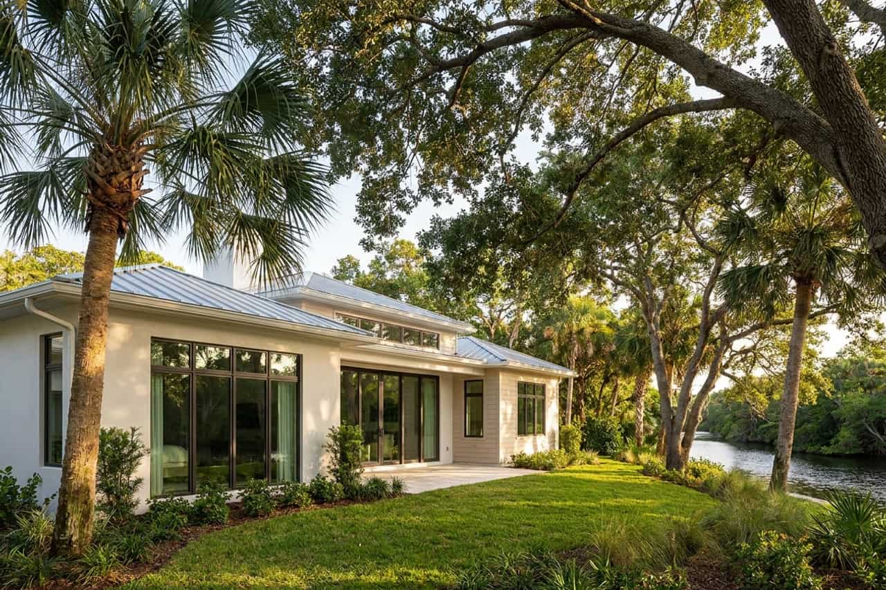 A low, understated riverside home of the kind found in Tequesta, shaded by mature live oaks, with impact-rated windows and glass doors