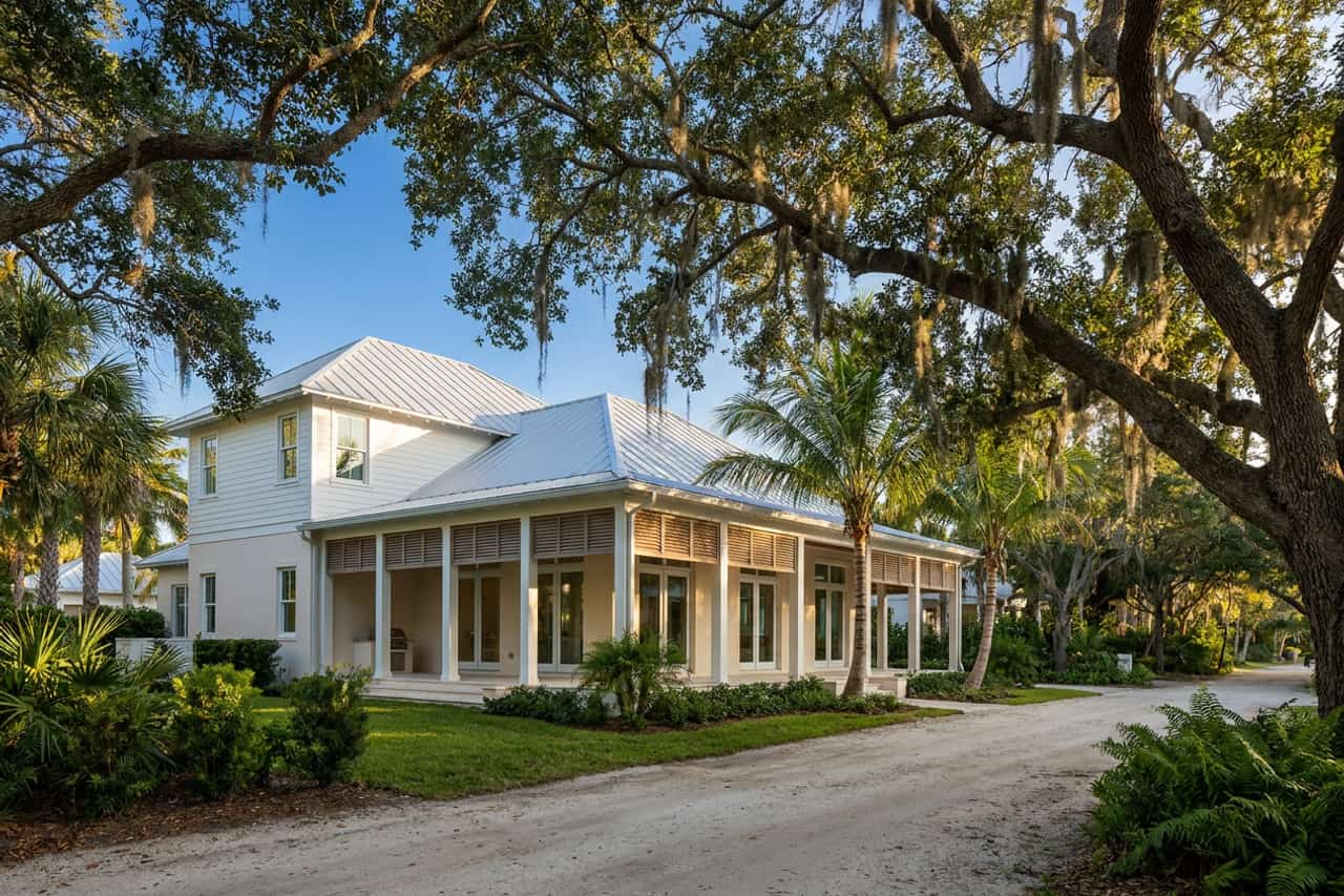 A restrained British West Indies–style barrier-island home of the kind found in Vero Beach, shaded by live oaks, with impact-rated windows and glass doors