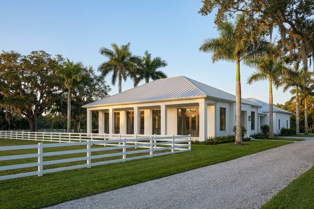 A white single-story estate home of the kind found in Wellington’s equestrian neighborhoods, with a long columned loggia, tall impact-rated windows and French doors, and a white post-and-rail fence beside a paddock