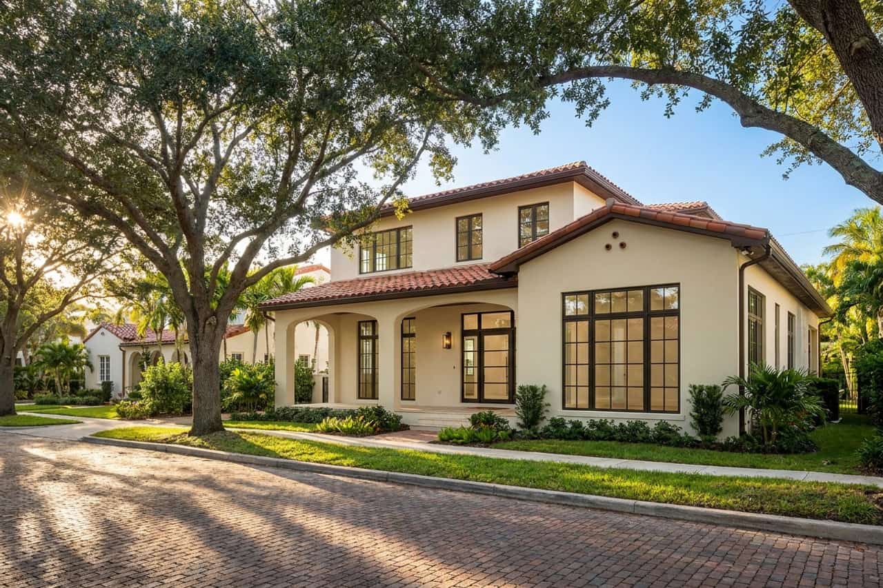 A 1920s Mediterranean-revival home of the kind found in West Palm Beach’s historic districts, with period-proportioned impact-rated windows under a live-oak canopy