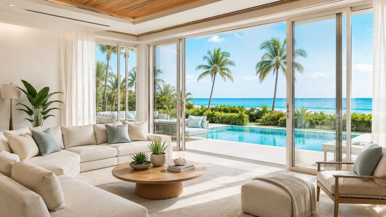 Bright South Florida living space opening onto a pool through wide impact glass