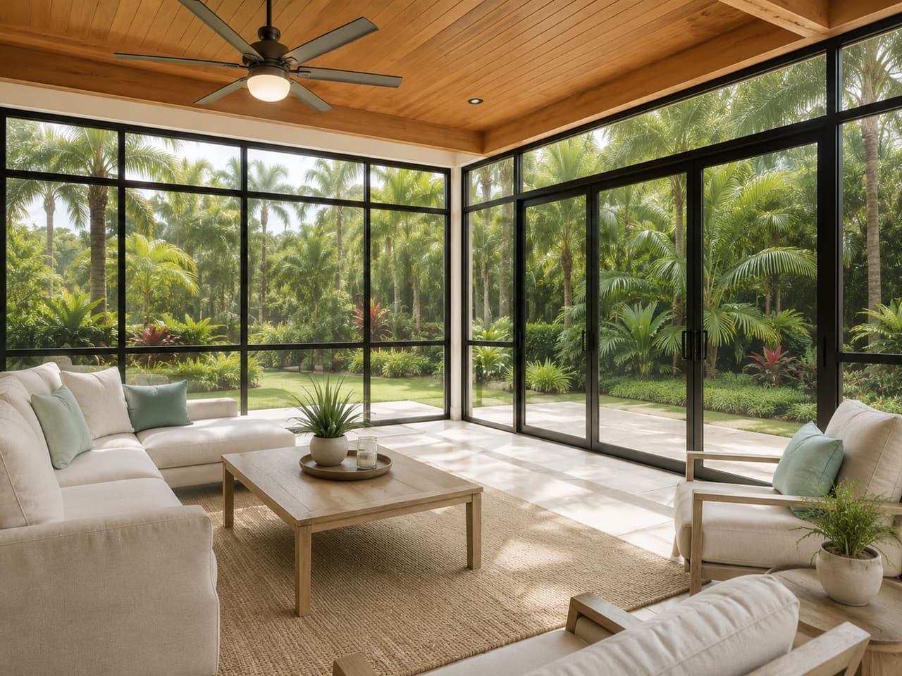 Enclosed South Florida patio with impact glass overlooking the yard